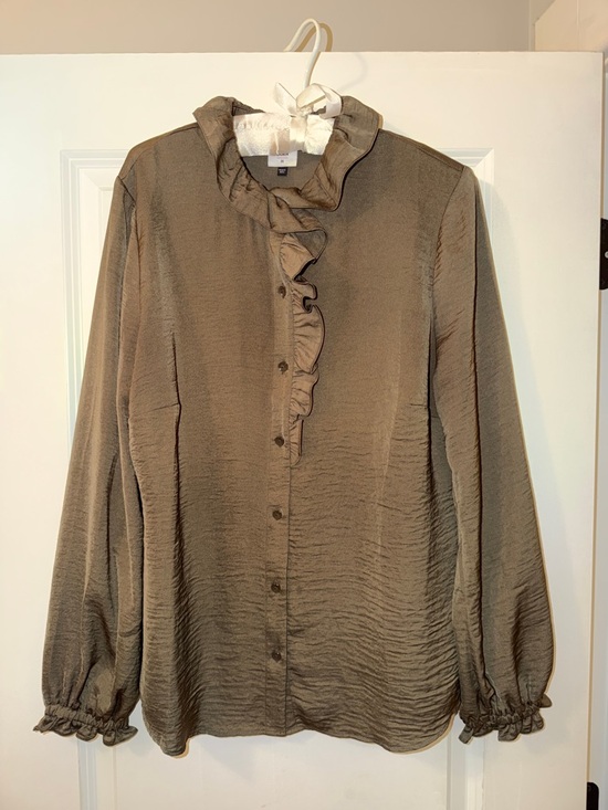 CAbi Tops - CAbi Icon Olive Brown Boho Romantic Ruffle-Front Button Up Blouse, medium